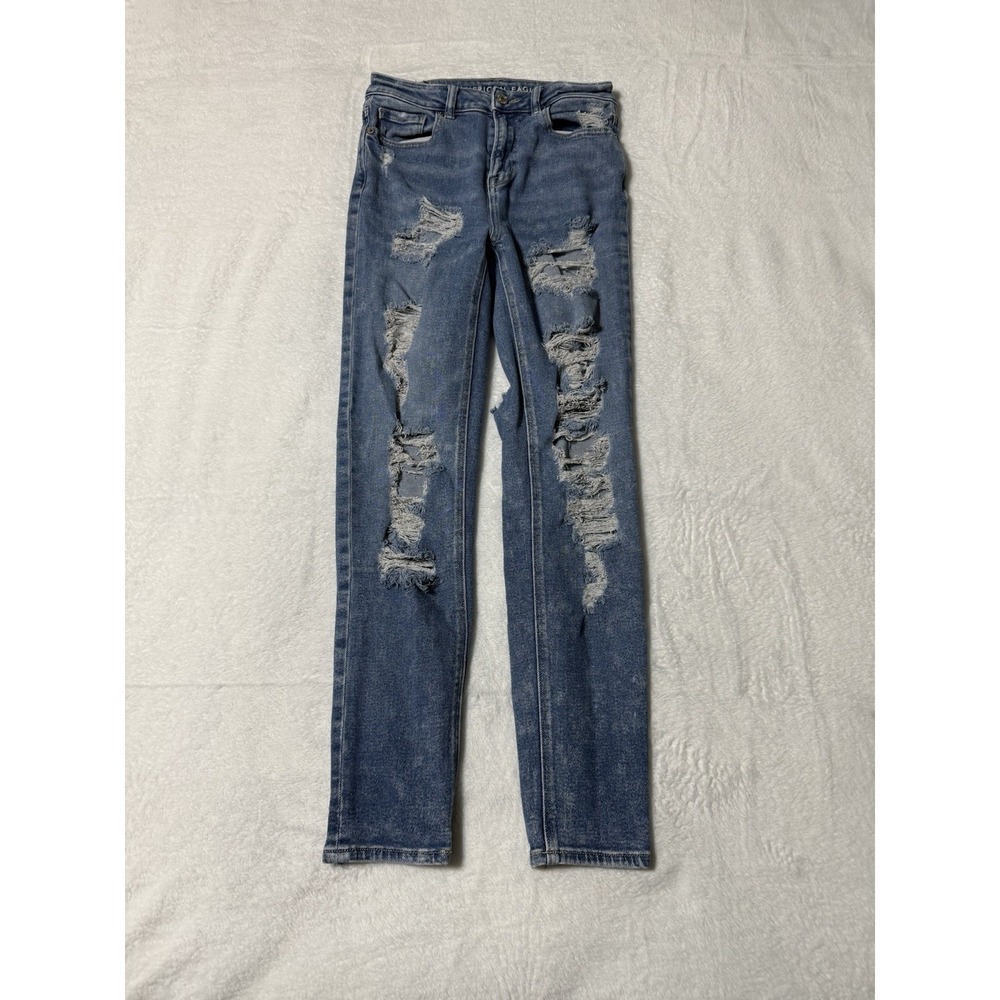 American Eagle Mom Jeans Womens 0 Medium Wash Blue Distressed Stretch 25x27